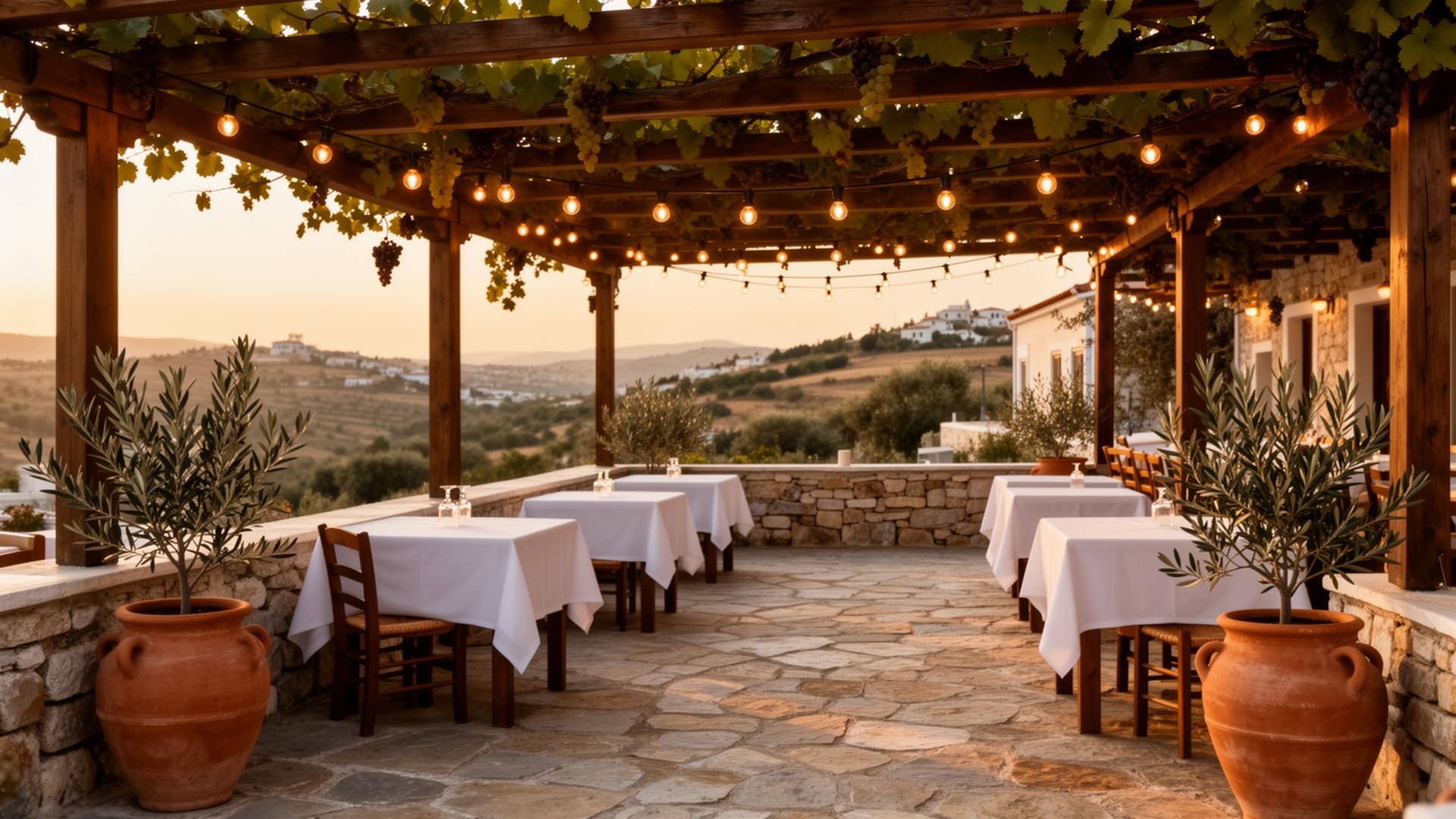 Outdoor pergola seating at Olympiada